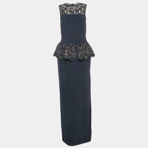 Tadashi Shoji Navy Blue Jersey Sleeveless Lace Trimmed Gown S