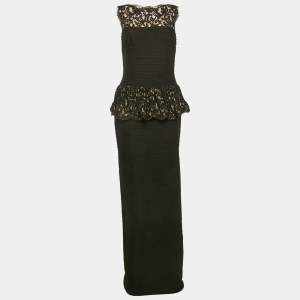 Tadashi Shoji Black Lace and Pleated Jersey Peplum Sleeveless Gown M