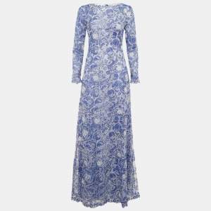 Pre Owned Tadashi Shoji Blue Embroidered Long Sleeve Maxi Dress S