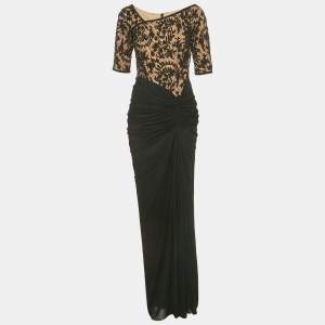 مملوكة مسبقًا Tadashi Shoji Black Tulle and Lace Ruched Gown M