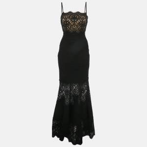 Pre Owned Tadashi Shoji Black lace and Jersey Pintuck Detail Gown XS