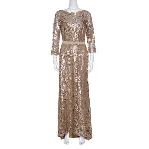 Tadashi Shoji Pink and Black Sequined Lace Scalloped Trim Detail Belted Tulle Gown M