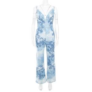 Tadashi Shoji Blue Floral Embroidered Lace Plunge Neck Detail Lison Jumpsuit S