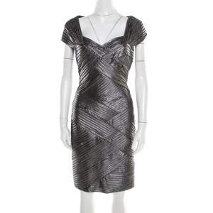 Tadashi Shoji Metallic Pintucked Pleat Detail Embellished Dress M