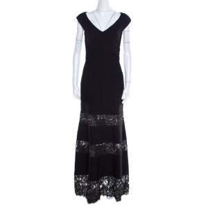 Tadashi Shoji Black Pintuck Detail Floral Lace Insert Barberton Gown XS