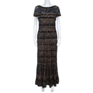 Tadashi Shoji Black Lace Paneled Overlay Sheer Yoke Gown M