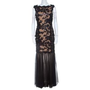 Tadashi Shoji  Black Lace and Tulle Floral Sequin Embellished Gown M 