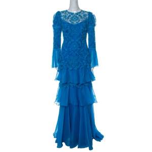Tadashi Shoji Blue Chiffon and Lace Tiered Moreau Gown M