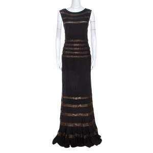 Tadashi Shoji Black Stretch Knit Metallic Lace Detail Maxi Dress M