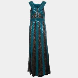 Tadashi Shoji Black/Green Lace and Sequin Rhea Stripe Gown L