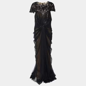 Tadashi Shoji Black Sequin Embellished Tulle & Lace Gathered Waist Gown XL
