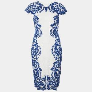 Tadashi Shoji White & Blue Embroidered Floral Lace Midi Dress M