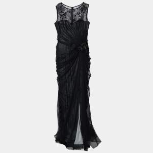 Tadashi Shoji Black Embellished Tulle Draped Gown L