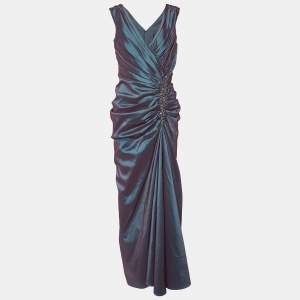 Tadashi Shoji Two Tone Metallic Embellished Ruched Sleeveless Gown M