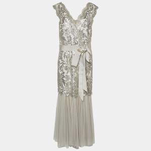 Tadashi Shoji Silver Grey Sequin Embellished Lace & Tulle Belted Gown L