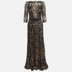 Tadashi Shoji Black/Gold Sequin Full Sleeves Maxi Dress M