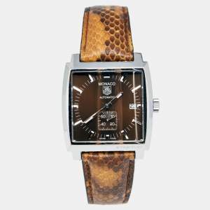 Tag Heuer Brown Stainless Steel Python Skin Leather Monaco WW2115.FC6217 Men's Wristwatch 37 mm