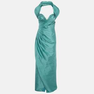 مملوكة مسبقًا Tarik Ediz Mint Green Taffeta Off-Shoulder Draped Maria Elbise Maxi Dress L