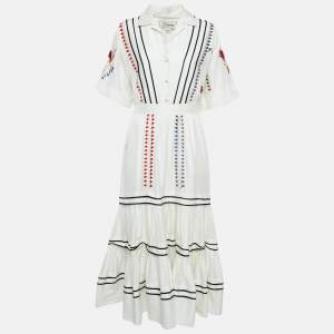 Temperley White Embroidered Cotton Tiered Midi Dress S