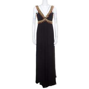 Temperley London Black Silk Chiffon Embellished Bodice Sleeveless Evening Gown S