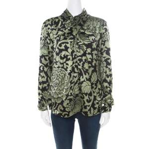 Temperley Black and Green Floral Printed Textured Silk Faux Wrap Front Top M