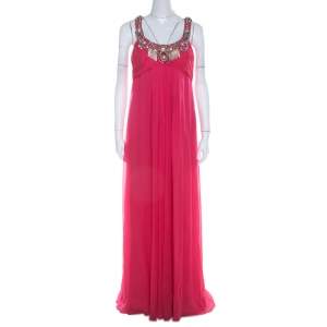 Temperley London Hot Pink Silk Ruched Embellished Bodice Evening Gown L