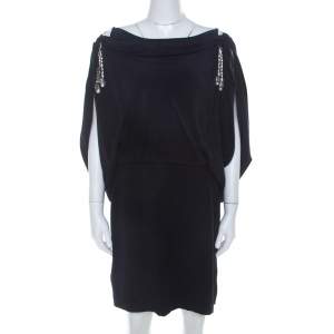 Temperley Navy Blue Silk Cowl Neck Bejeweled Strap Detail Dress L 