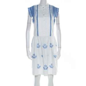 Temperley London White and Blue Embroidered Cotton Scalloped Gilda Dress M