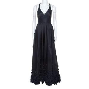 Temperley Black & Navy Blue Satin Floral Applique Detail Gown S