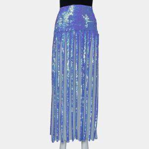 Temperly London Blue Chiffon Sequin Embellished Filigree Maxi Skirt M