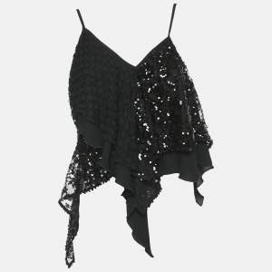 The Attico Black Sequin and Lace Thelma Crop Top M