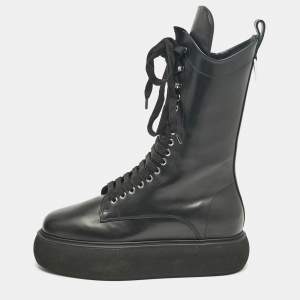 Pre Owned The Attico Black Leather Zip Up  Knee Length Boots Size 39