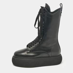 The Attico Black Leather Lace Up Mid Calf Boots Size Size 37