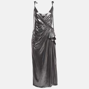 The Attico Metallic Silver Lamé Fan Detail Long Dress XS