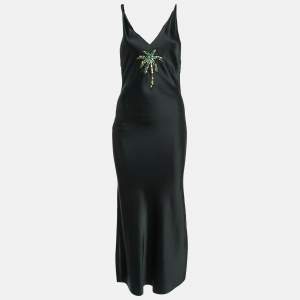 Pre Owned The Attico Black Palm Tree Embroidery Silk Raw Edges Maxi Dress S