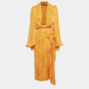 Pre Owned The Attico Orange Floral Jacquard  Plunge Neck Top & Ruffle Skirt Set M