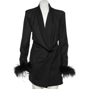 The Attico Black Wool & Feather Trimmed Double Breasted Dress S