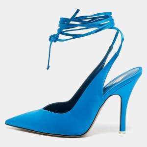 The Attico Blue Satin Pointed Toe Ankle Wrap Pumps Size 37.5 