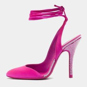 Pre Owned The Attico Fuchsia Satin Venus Pointed Toe Ankle Wrap Pumps Size 38
