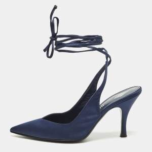 Pre Owned The Attico Venus Size 36 Navy Blue Satin Ankle Wrap Pumps