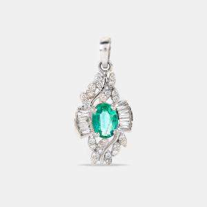 18K Gold Round And Baguette Natural Emerald And Diamond Pendant