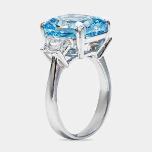 9.30 cts Blue Cushion Baguette 18k White Gold Lab Grown Diamond Ring Size 52