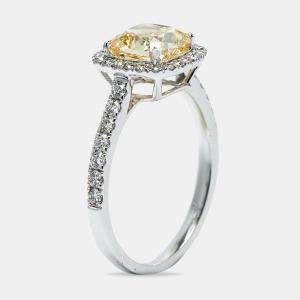 2.00 cts Yellow Cushion Cur and Round Lab Grown Diamond 18k White Gold Ring Size 51
