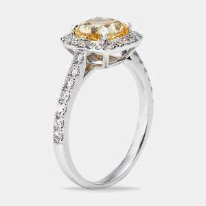 2.00 cts Yellow Cushion and Round Lab Grown Diamond 18k White Gold Ring Size 51