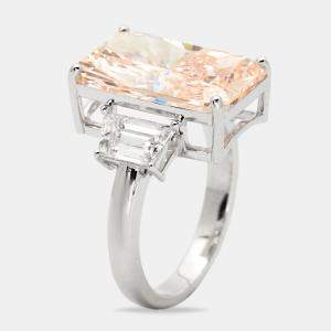 9.00 cts Orangish Pink Radiant Cut and Trapezoid Lab Grown Diamond 18k White Gold Ring Size 53