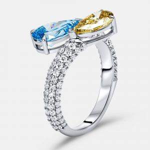 Pre Owned 3 cts Fancy Color Pear and Round Lab Grown Diamond 18k White Gold Ring Size 51