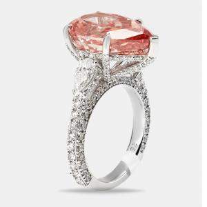 11.4 cts Fancy Pink Pear Brilliant and Round 18k White Gold Ring Size 54