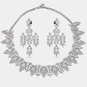 Pre Owned 55.46 Cts Marquise Round Emerald 18K White Gold Lab Grown Diamonds Necklace Set