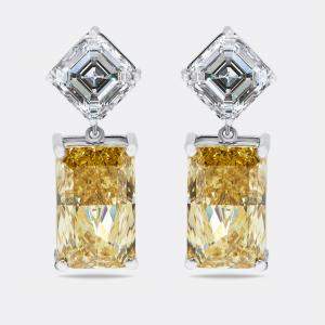 Pre Owned 28.2 cts Fancy Yellow Radiant Asscher Lab Grown Diamonds 18k White Gold Earrings
