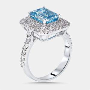 Pre Owned 3.9 cts Vivid Blue Emerald, Round Lab Grown Diamonds 18k White Gold Ring Size 51